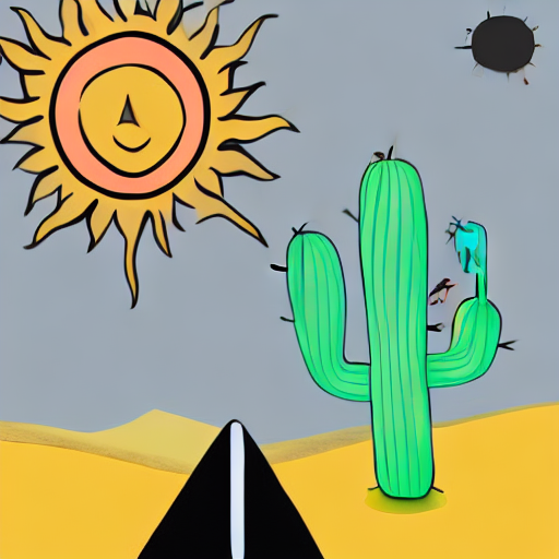 AI image generated of A drawing of a cactus and a sun with a black mountain in the background.