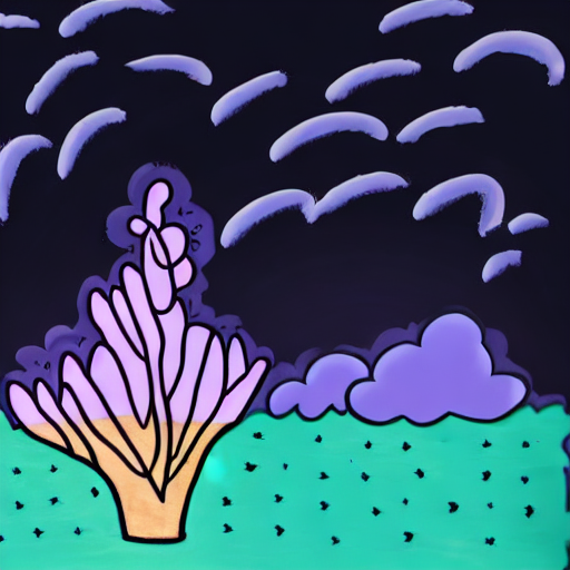 AI image generated of A drawing of a tree with a purple sky and a blue sky with a tree and a cloud.