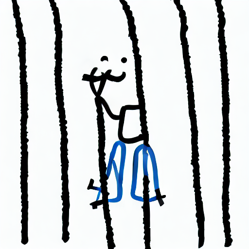 AI image generated of A blue stick figure is standing in a black and white cell.